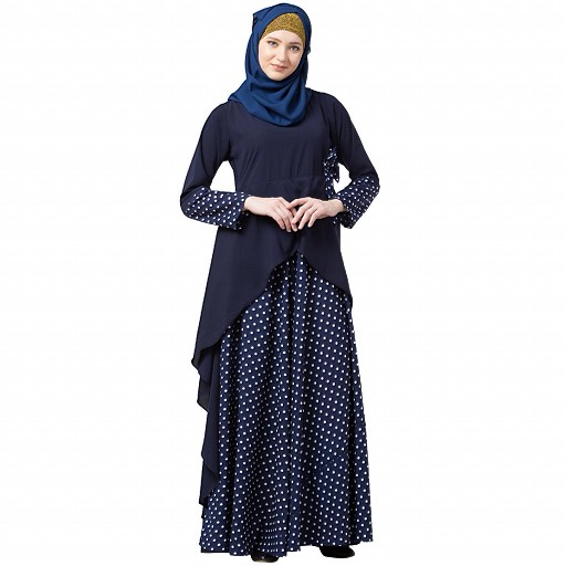 Polka dotted asymmetrical dress abaya- Navy Blue